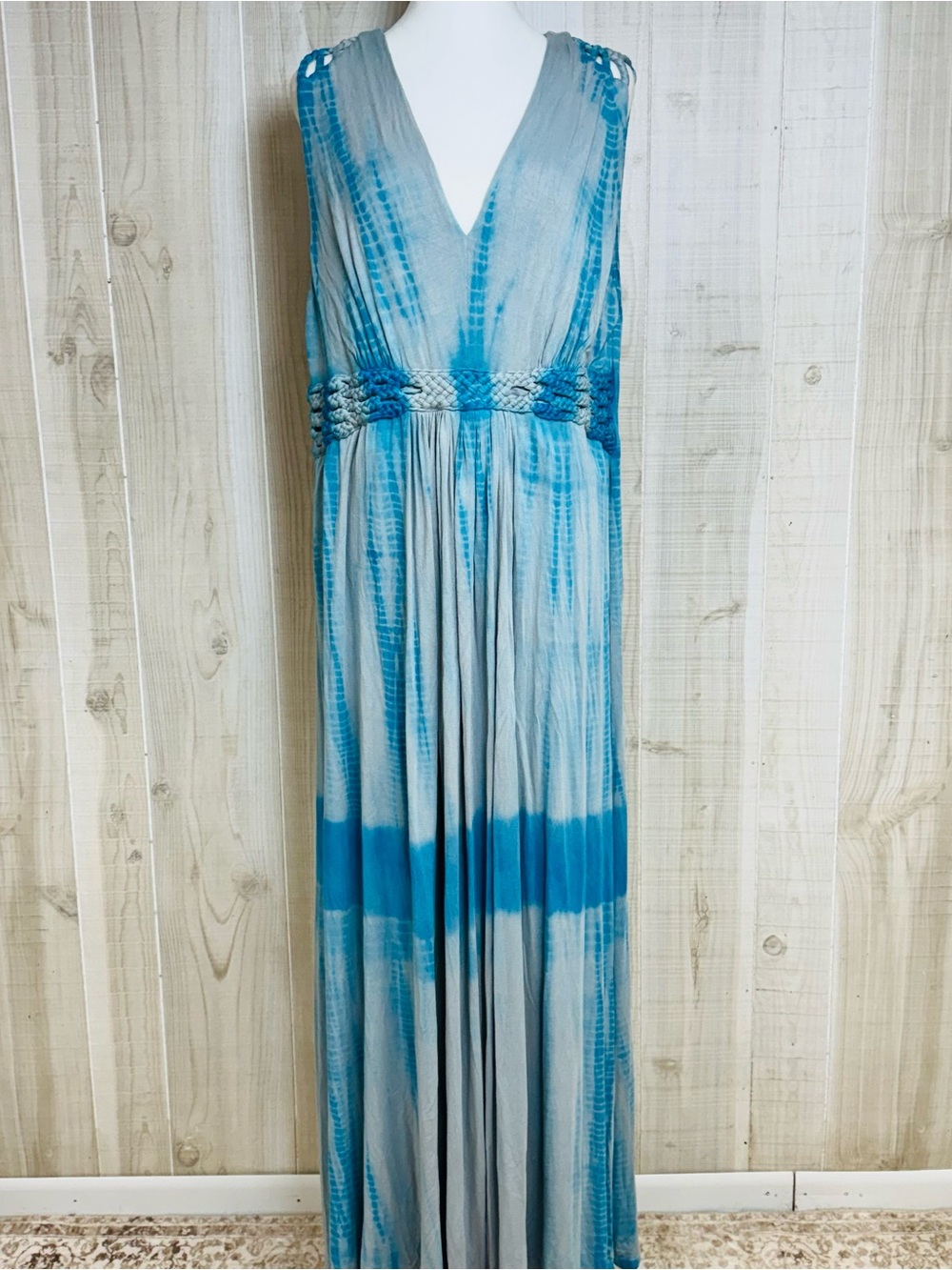 Sundance XL Blue Tie Dye Maxi Dress Boho Braided Empire Waist Flowy Resort